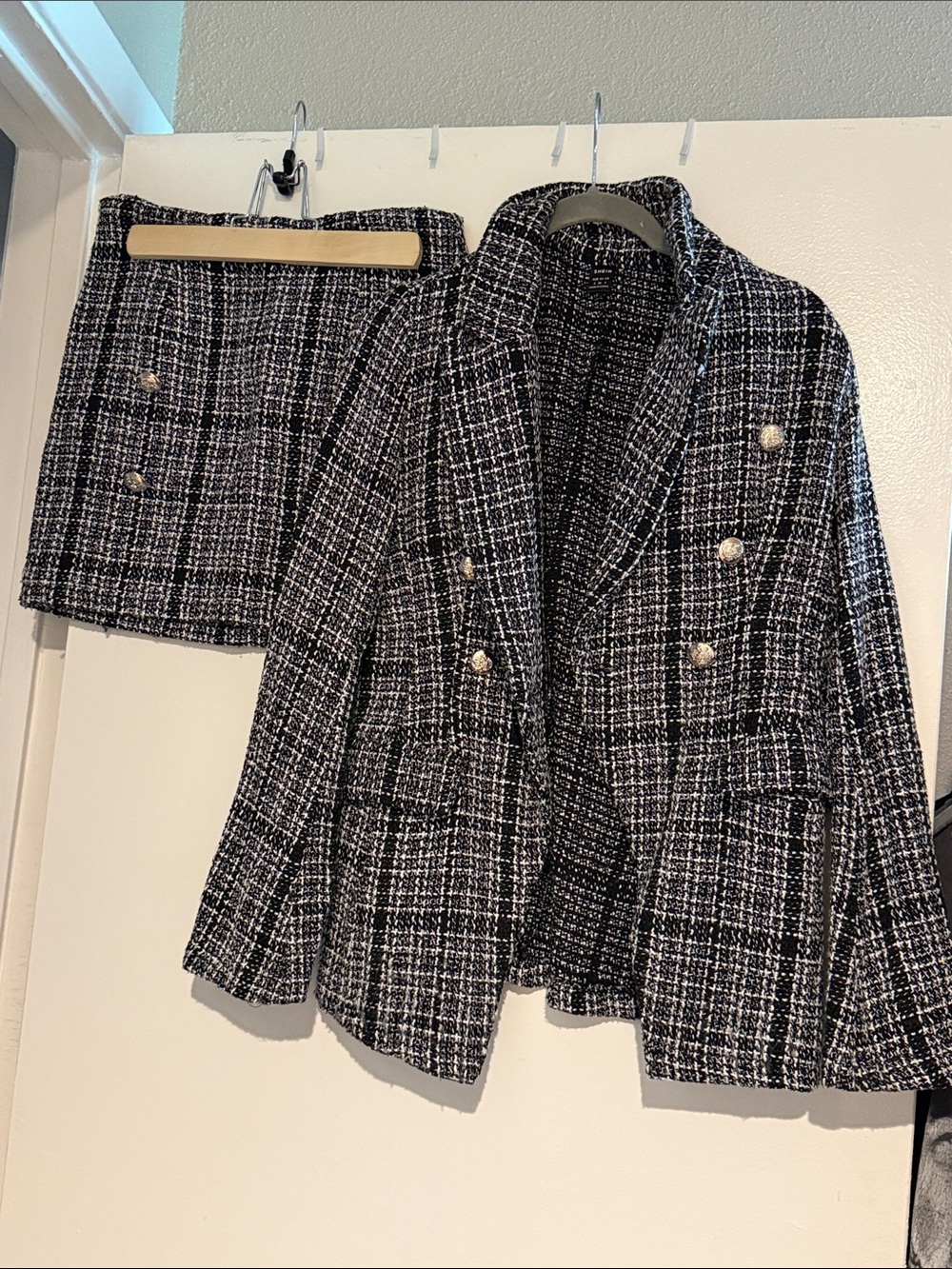 SHEIN Black & White Tweed Double-Breasted Blazer and Skirt Set